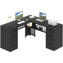 Veyra White L Shaped Desk With Drawers Shelves, Large Home Office Corner Computer Desk With Storage File Cabinet, Modern Metal Wood Desk For Executive Writing Study Workstation, 59 Inch Bedroom Table - Black - View 9