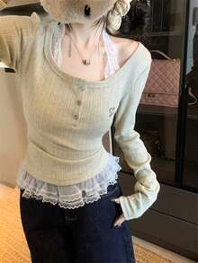 独特设计蕾丝拼接长袖女式 T 恤，独特修身套头衫，秋季 - 灰杏色 - 查看 3