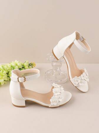 女童时尚花朵踝带凉鞋，适合婚礼、派对、花童、公主裙、度假，露趾透气舒适高跟鞋，适合幼儿、小孩和大孩子