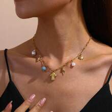 1 Pc Vintage Oval Portrait Pendant Necklace Chain, Versatile Turquoise Water Drop Faux Pearl Angel Clavicle Chain Jewelry