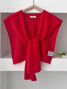1 pieza Suéter sin mangas de mujer con cuello de chal de punto de unicolor minimalista con diseño hueco en forma de rombo, elegante y versátil abrigo exterior de hombro de moda - Multicolor - Ver 10