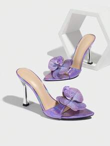 女士高跟凉鞋，紫色 3D 花卉装饰，性感露趾绑带，优雅 PU 皮革，时尚全息蛇纹，高端优质软皮革，银色高跟鞋，适合派对、户外、家居、办公室，紫色高跟凉鞋