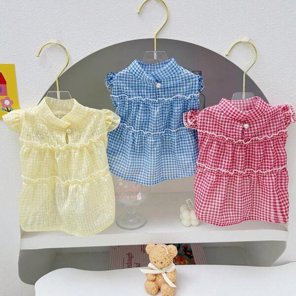 Vestidos elegantes de cuadros con volantes para mascotas perros pequeños - Ropa de verano transpirable a cuadros