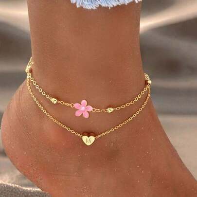 2pcs/Set New Fashion Heart, Letter & Flower Design Women Anklet, Gold Stainless Steel Beaded Multi-Layer Anklet
