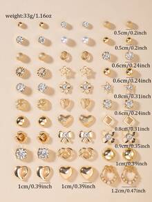 30 对/套时尚耳环系列，带有星星、水钻、花朵、领结、心形、正方形、几何、仿珍珠设计，适合女士的多功能休闲首饰礼品套装 - 金黃色 - 查看 5