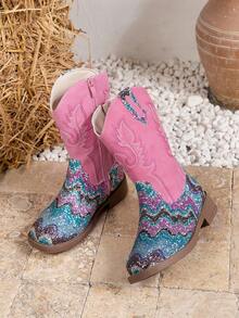 1 Pair Girls Sequin & PU Patchwork Side Embroidery Decor Vintage Western Cowboy Boots, Suitable For Vacation & Casual Daily Wear - Multicolor - View 4