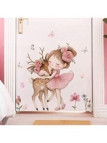 Hình dán tường cô gái phép thuật và kỳ lân hươu - Hình dán tường hoạt hình những người bạn trong rừng dành cho phòng ngủ bé gái, trang trí phòng chơi. - Nhiều màu - Xem 6