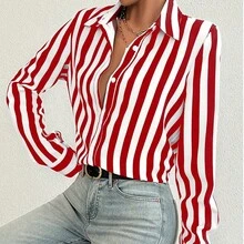 Plus Size Women Elegant Striped Long Sleeve Single-Breasted Casual Shirt, Suitable For Autumn Date, Airport And Daily Wear Spring - 紅白色 - 查看 4