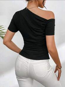 Supex Mesh T-Shirt Blouse With Asymmetrical Short Sleeves For Summer Ideal For Casual Wear Comfortable And Elegant - màu đen - Xem 2