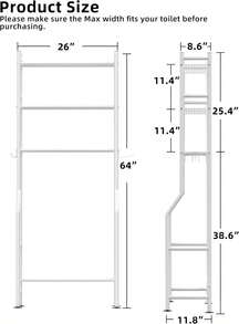 3-Tier Over The Toilet Storage, Freestanding Metal Bathroom Shelves With 4 Hooks, Over Toilet Storage Shelf With Paper Holder, Above The Toilet Shelf For Bathroom Storage, White - 白色 - 查看 5