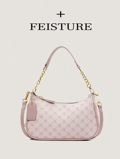 这款时尚、经典、百搭的字母图案设计纯色防水PU材质新月形肩包/腋下包，适合购物，也可斜挎。