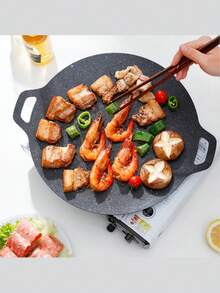 1 Piece 34cm/13.39in 不粘麦饭石风格圆形双柄烤盘，韩式烤盘，烧烤，铁板烧，不粘圆形煎锅，方便烤盘，适用于家庭户外炉灶户外用品非常适合户外烧烤、室内派对、露营野餐、家庭晚餐用品、派对用品