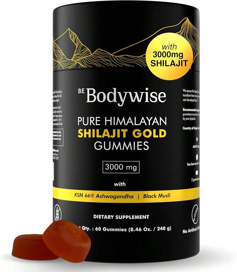 Be Bodywise Shilajit Gold Gummies – 3000mg Pure Himalayan Resin With Ashwagandha, Gokshura & Black Musli – Sugar-Free Vegan Supplement For Energy, Strength & Workout Recovery – 60 Gummies - 1 Bottle - 查看 1
