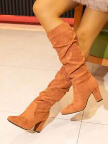 2025秋冬新款皱纹尖头粗跟过膝女靴，显瘦，多色可选，派对靴 - 橘色 - 查看 3