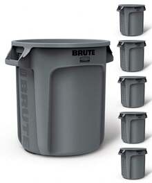 BRUTE Heavy-Duty Round Trash/Garbage Can, 10-Gallon, Gray, Outdoor Waste Container For Landscapers/Construction/Restaurants/Back Of House/Offices/Warehouses, Pack Of 6 - Multicolor - View 1