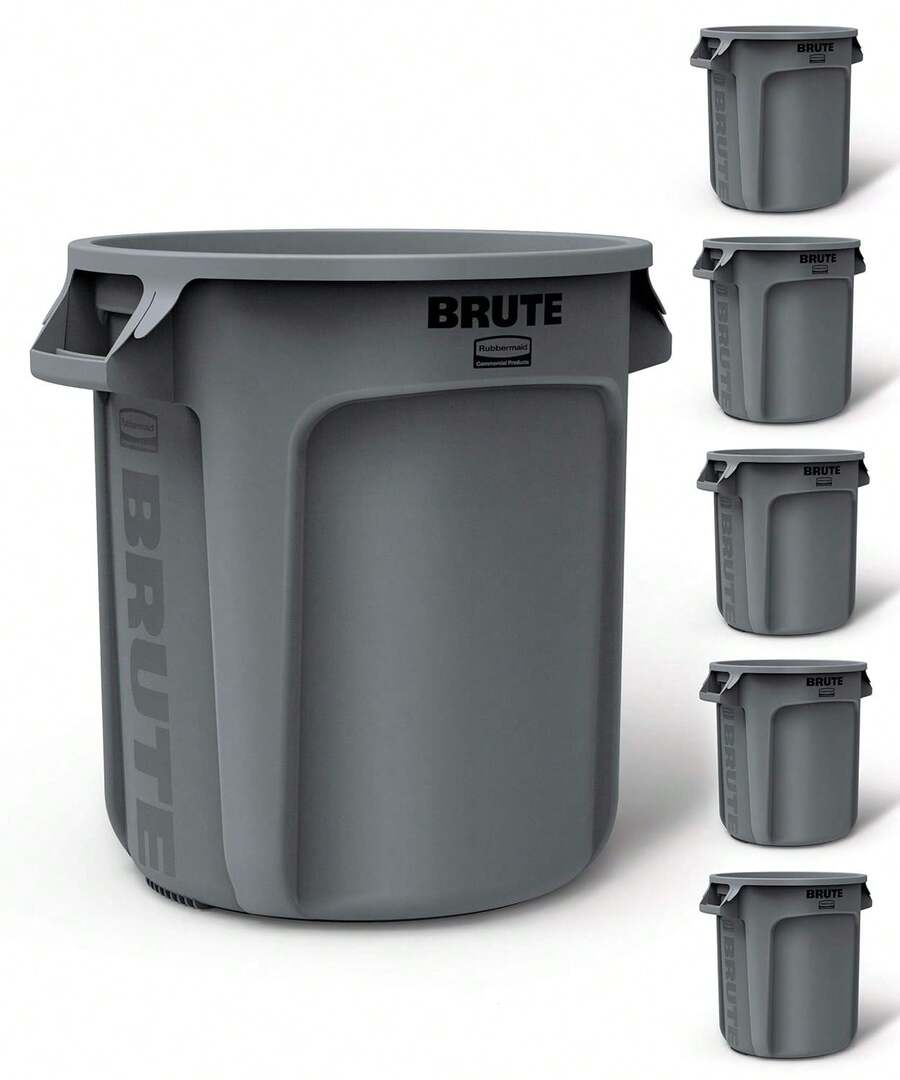 BRUTE Heavy-Duty Round Trash/Garbage Can, 10-Gallon, Gray, Outdoor Waste Container For Landscapers/Construction/Restaurants/Back Of House/Offices/Warehouses, Pack Of 6 - Multicolor - View 1
