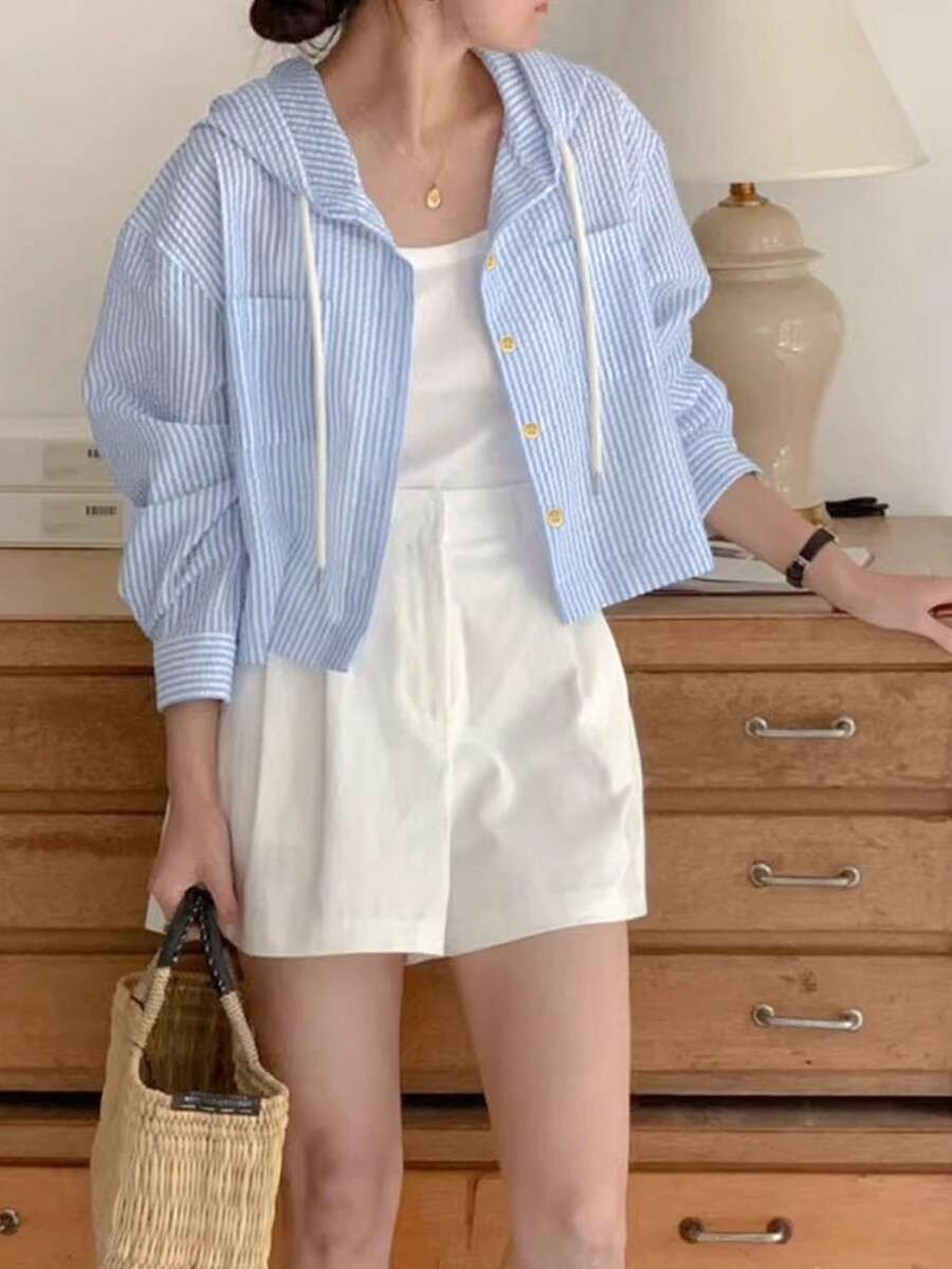 Korean Chic Striped Contrast Color Single Breasted Loose Fit Long Sleeve Hooded Sun Protection Shirt For Women, Summer Spring - Blue - View 1