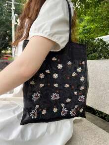花朵刺绣通勤单肩包，带刺绣装饰的黑色布艺手提包，女士网眼托特包 - 黑色 - 查看 2
