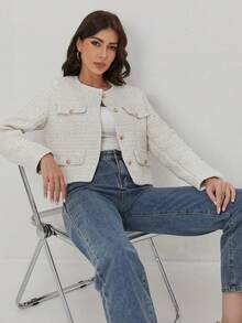 TRAFZA 女士优雅休闲粗花呢外套，春季圆领装饰长袖纯色大衣 - White with Gold Thread - 查看 8