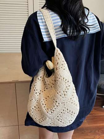 女士针织镂空拼色大容量托特包，时尚海滩度假手提包