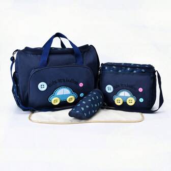 4pcs Multi-Functional Fashion Mommy Bag Set; Cartoon Car Pattern Oxford Cloth Crossbody Diaper Bag For Mothers; Large Capacity Shoulder Maternity & Baby Bag For Outdoor Travel