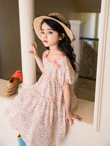 Girls' Lightweight Bowknot & Floral Digital Print Casual Dress, Summer - Multicolor - View 7