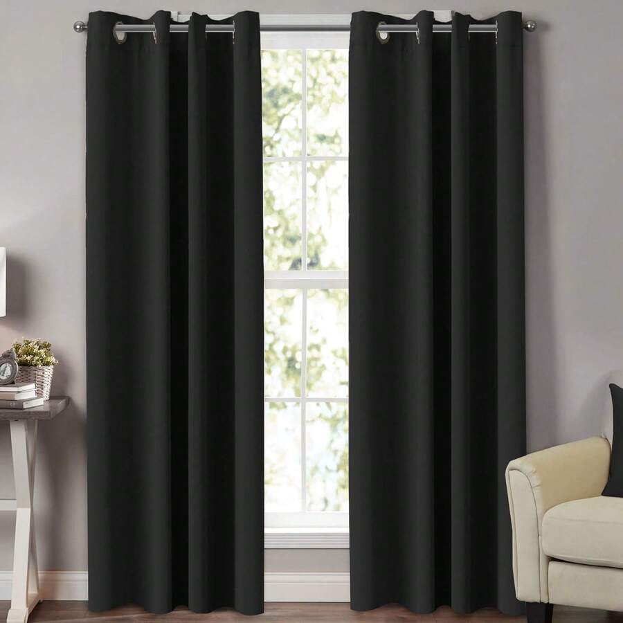 Black Blackout Curtains For Bedroom 96 Inch Long Solid Thermal Insulated Window Treatment Blackout Drapes Grommet Top Black Out Curtains/Panels/Drapes(2 Panels, 52 By 96 Inch, Black) - 黑與白 - 查看 1