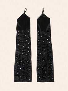 1 双袖长露指手套，带水钻，褶皱缎面晚礼服手套，适合舞会和派对，黑色