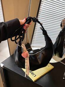 1 chiếc túi đeo vai hình lưỡi liềm bằng da PU trơn, sức chứa lớn, thời trang cho phụ nữ trưởng thành, thích hợp để mua sắm và mặc hàng ngày - màu đen - Xem 4