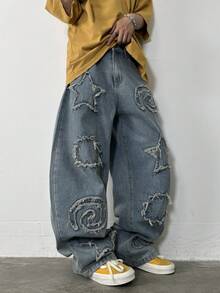 1 件复古美式刺绣磨边阔腿宽松休闲牛仔裤（不含腰带和配饰） - 藍色 - 查看 4