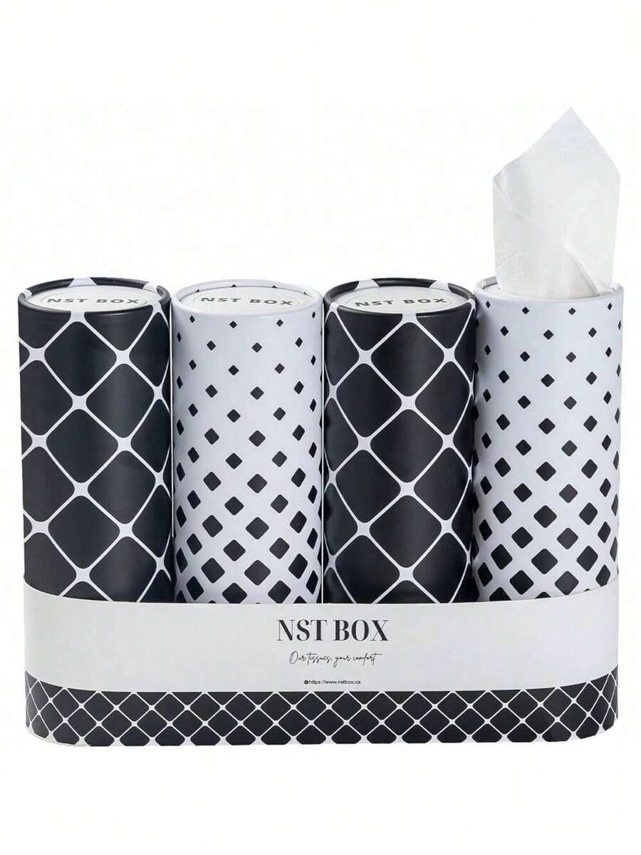 Car Tissue Holder, 4-In-1 Set Of Travel Tissues With 50 Tissues Per Box, Sleek Cylinder Tissue Holder In Car With Easy Open Lid, 2-Ply Car Tissues For Home, Office And Trips, Black/White - Black - View 1