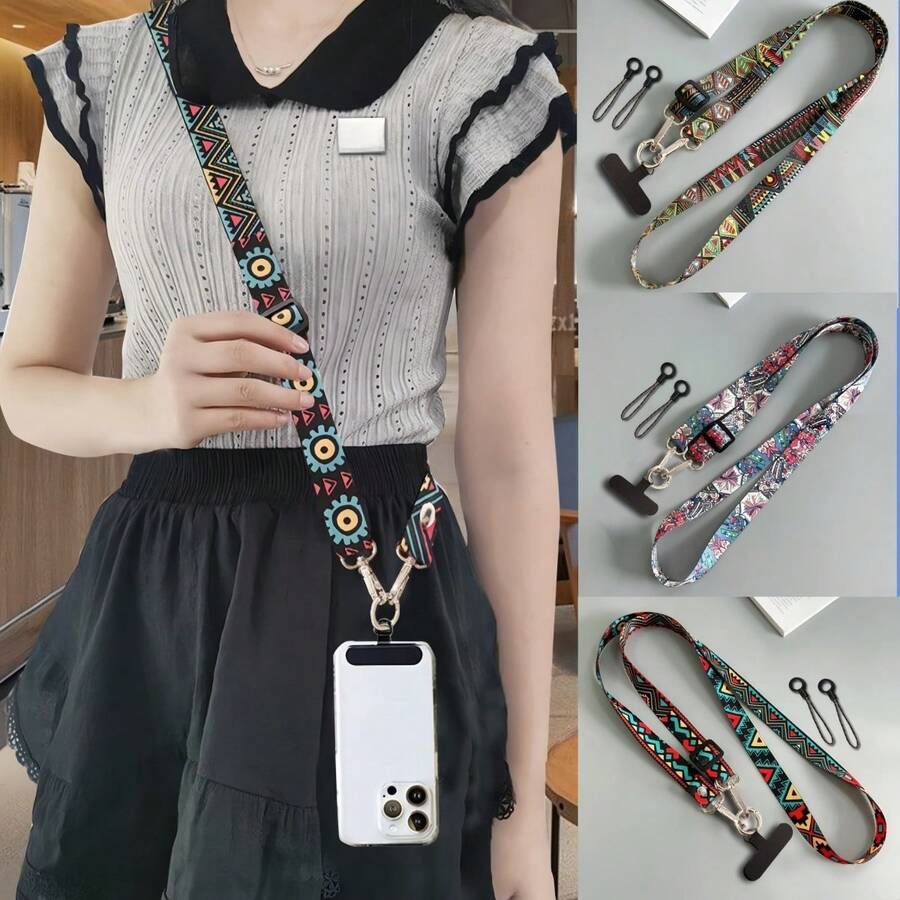 升级版复古花纹斜跨挂带可调节手机长挂绳挂脖防丢绳 - 彩色 - 查看 1