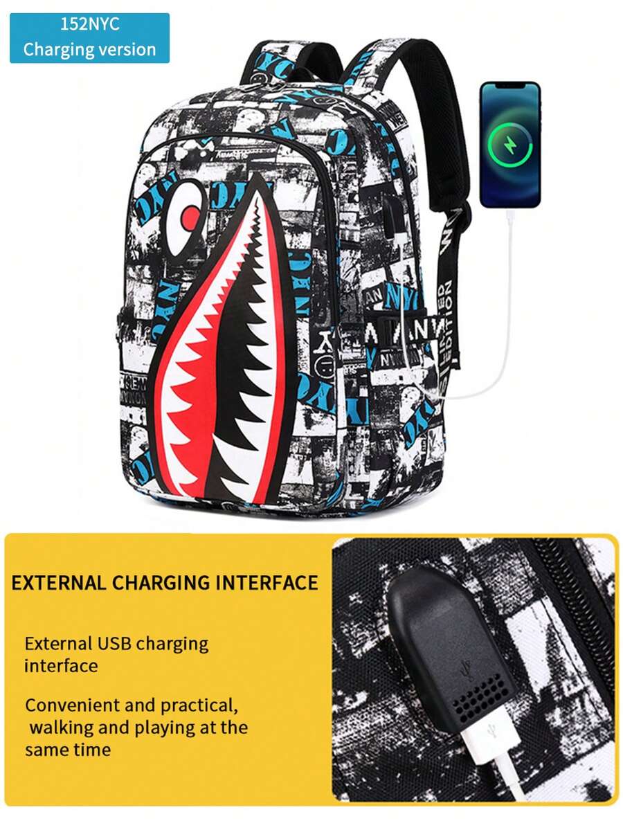 大容量鲨鱼设计背包，学生简约个性化休闲背包，夏季轻便透气印花背包
