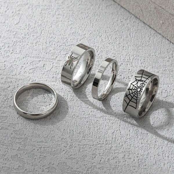4pcs/Set Minimalist Stainless Steel Spider Web Decorative Ring Set Suitable For Man Woman Daily Use And Fashionable Jewelry Women Gifts Summer Vacation Jewelry