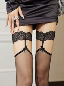 1pc Women Suspender Black Fishnet Thigh High Stockings With Lace Garter, Sexy Non-Slip Thin Lace Top Thigh Socks, Suitable For Party