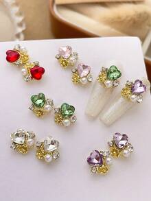 10pcs Heart-Shaped Rhinestone Nail Art Charms, Inlaid Faux Pearls, Luxury Y2K Metal Nail Accessories, Bright White, Pink, Red, Green, Purple Rhinestone Nail Gems, Suitable For Various DIY Nail Decorations - Multicolor - View 2
