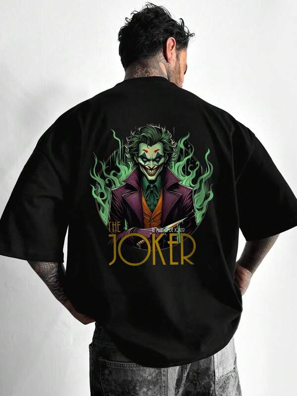 Warner Bros Camiseta masculina preta com estampa de palhaço e sorriso simples, gola redonda e manga curta, verão