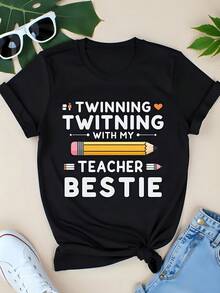 Camiseta estampada de manga corta con cuello redondo de algodón de 180 g, color negro, ideal para agradecer a los profesores, Halloween, Acción de Gracias, Navidad y tallas grandes para mujer. - Negro - Ver 1