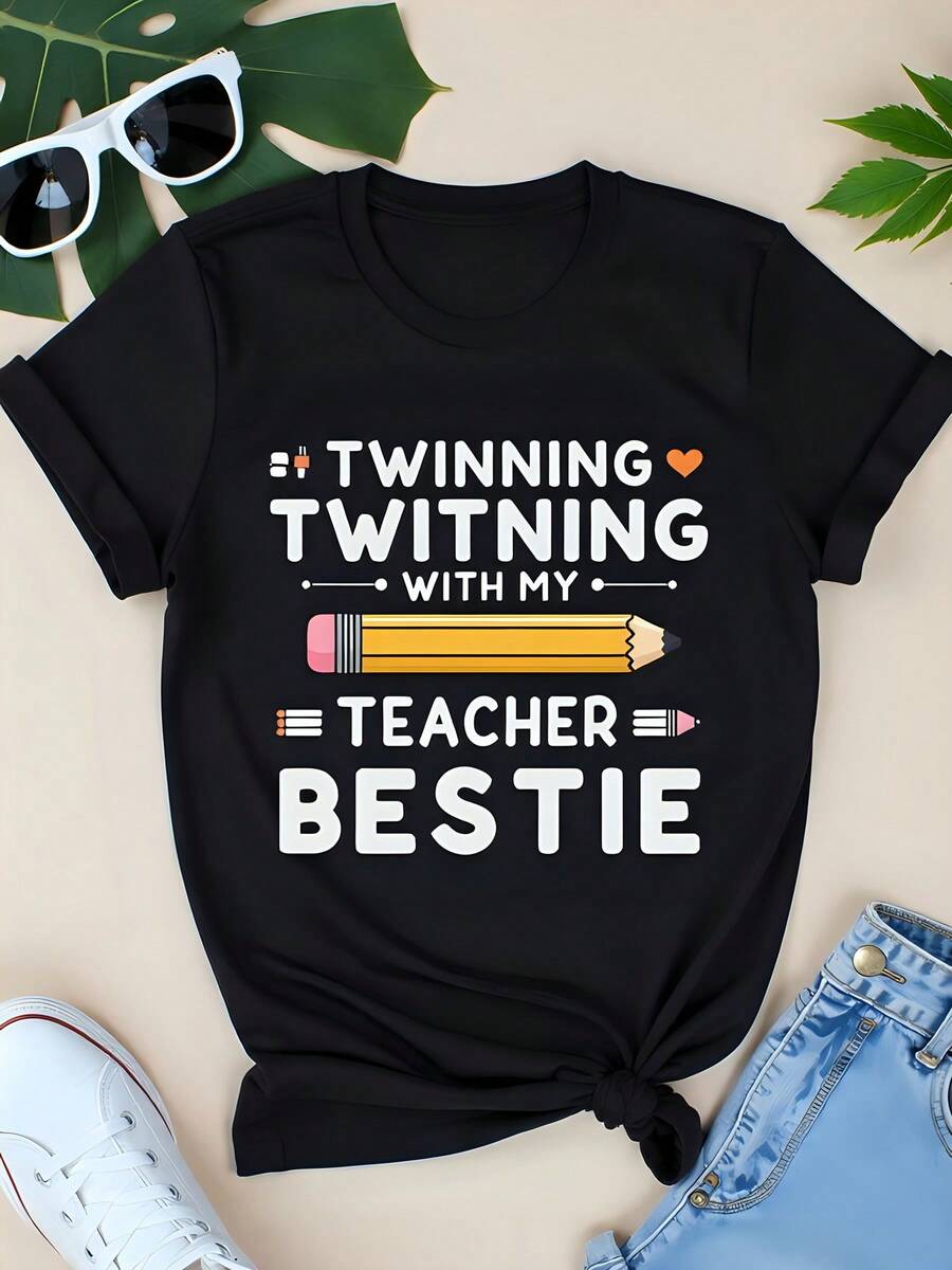 Camiseta estampada de manga corta con cuello redondo de algodón de 180 g, color negro, ideal para agradecer a los profesores, Halloween, Acción de Gracias, Navidad y tallas grandes para mujer. - Negro - Ver 1