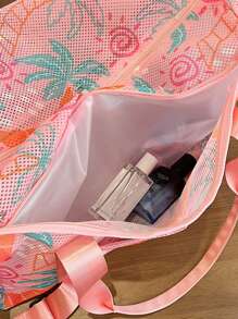 "Fashionable Mesh-Handle Luggage Tote – Lightweight, Large-Capacity Travel Tote Bag Vibrant Coconut Tree & Sun Print – Perfect For Summer Vacations And Beach Trips, Can Be Worn As A Crossbody Bag For Personal Essentials"