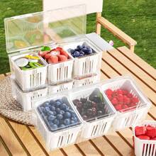 4pcs Mixed Set Drain Storage Containers (3 Drain Boxes + 1 Large Box) With Lids, Stackable Kitchen Fridge Organization Boxes, 3-Compartment For Fruits, Vegetables, Food