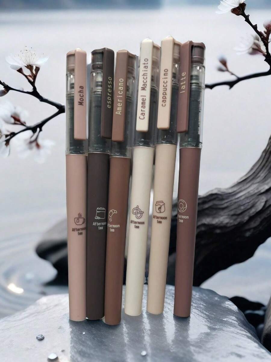 6pcs Coffee-Themed Quick-Drying Liquid Ink Gel Pens, Non-Leaking Soft Touch Pens, Suitable For Note-Taking, Drawing, School & Office Supplies, Stationery For Teens, Students, Children, Ballpoint Pens, Office Supplies, Pens, Halloween, Spring Festival, Christmas Gifts - Multicolor - View 1