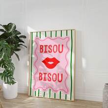 1pc Bisou Bisou French Lips Art Print Vintage Red Lips With "Kiss Kiss" Quote & Girly Aesthetic Wall Decor, Frameless Canvas Poster For Girls Room Decor, Dorm Decor, Home Decor, Back To School, Perfect Gift For Her & Party Decoration - Multicolor - View 5