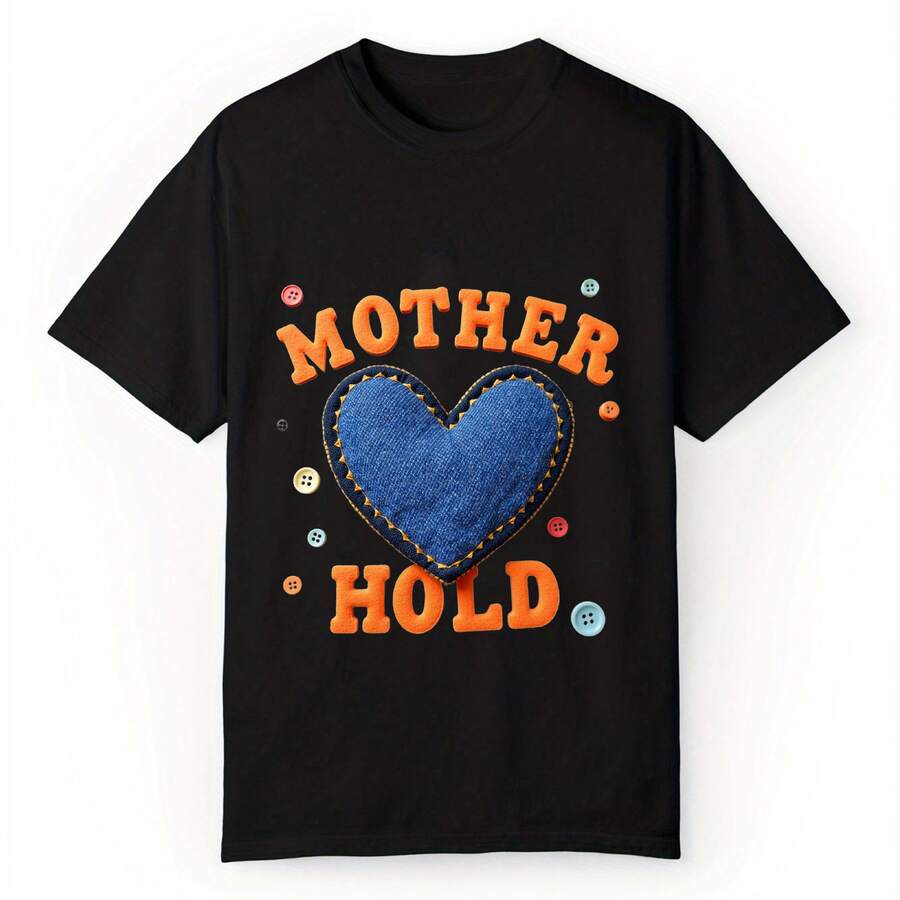 Round Neck Black T-Shirt With MOTHER HOLD Denim Heart Print For Casual Wear - màu đen - Xem 1