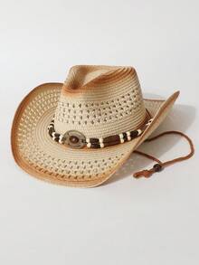 1pc Women's Zirconia Chain Decorated Gradient Perforated Windproof Rope Straw Hat, Panama Hat, Spring/Summer Unisex Fashion Versatile Sun Protection Hat Suitable For Daily Wear, Beach, Outdoor, Vacation - Top Hat - View 10