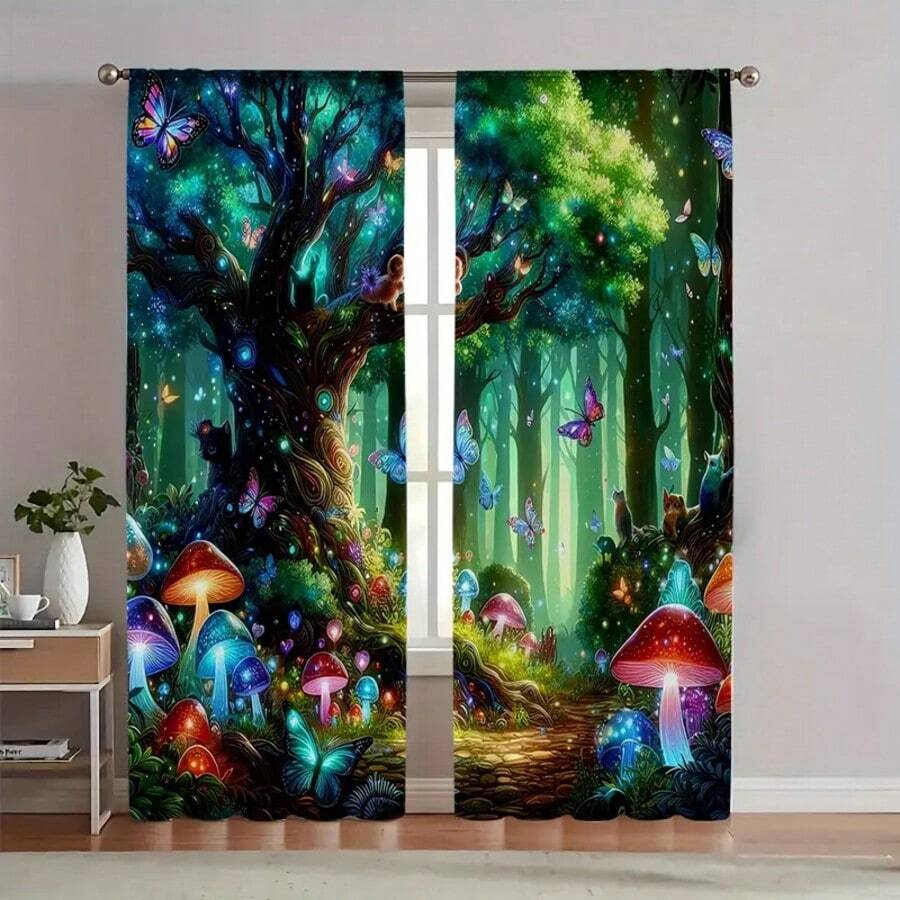 مجموعة من ستارتين 2 قطعة مزينة بالفطر والفراشات الزهرية، ذات جيب ، عازلة للحرارة للديكور في غرفة النوم والمعيشة والمطبخ والحمام