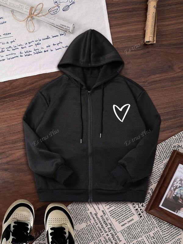 Women's Autumn And Winter Fun "Heart" Pattern Printing Regular Niche Simple Fashion Casual Loose Plus Size Front Zipper Hooded Sweatshirt