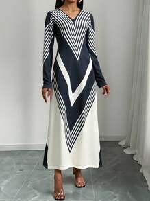 1pc Random Print Modest Elegant Casual Long Sleeve Split Maxi Dress, Suitable For Date Night, Holiday, Office, Home Daily Wear, Spring/Summer/Autumn
