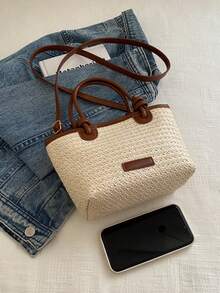 夏日假日海滩草编手提包、托特包和单肩包，别致的打结风格编织篮包 - 白色 - 查看 8