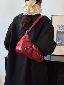 新月形包包 夏季新款奢华小众腋下单肩手提包 - 酒紅色 - 查看 8